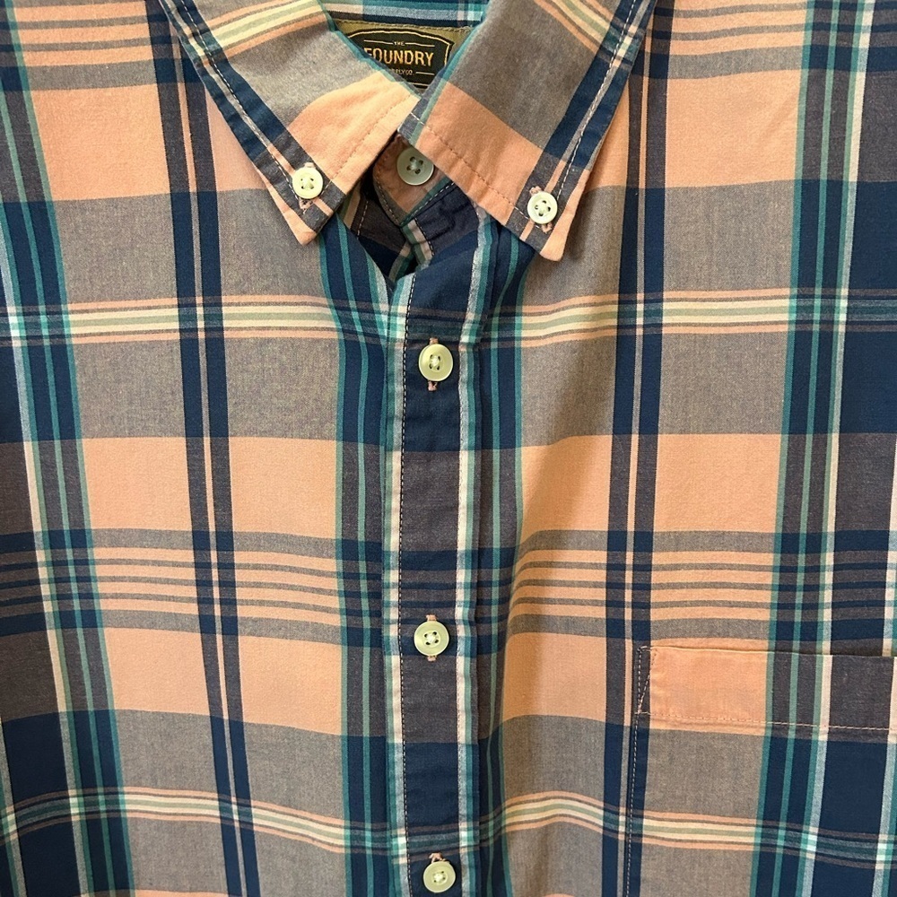 FOUNDRY COMFORT STRETCH XLT PINK BLUE BUTTON UP SHORT SLEEVE PLAID TOP cotton - Picture 6 of 8